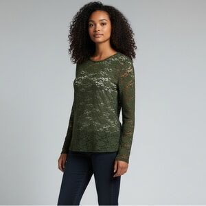 Juicy Couture Green Lace Fitted Long Sleeve Blouse with Faux Leather Details